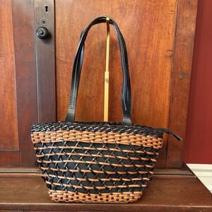Ellepi Woven Leather Basket Tote Bag Handmade Italy Black Brown Zip Top